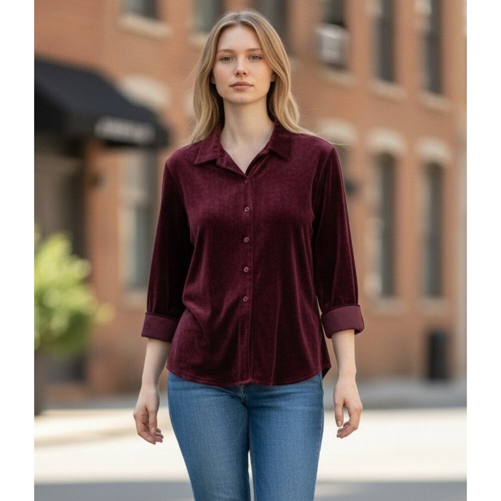 Talbots Button Up Shirt Women's Size Small Purple Polyester Blend Long Sleeve